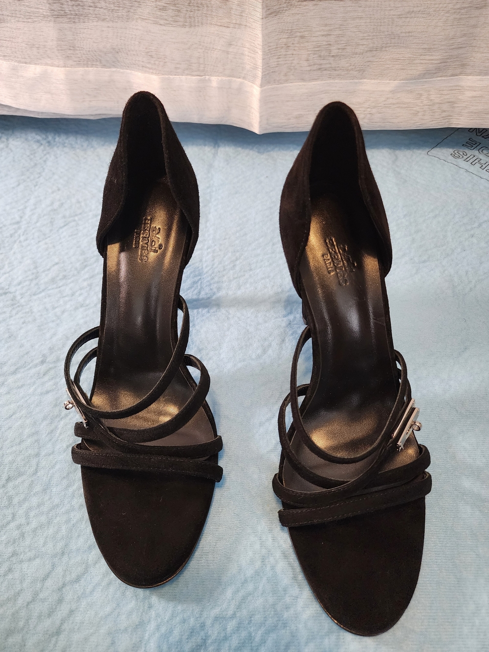Hermes Black Suede Strappy High-Heel Sandals